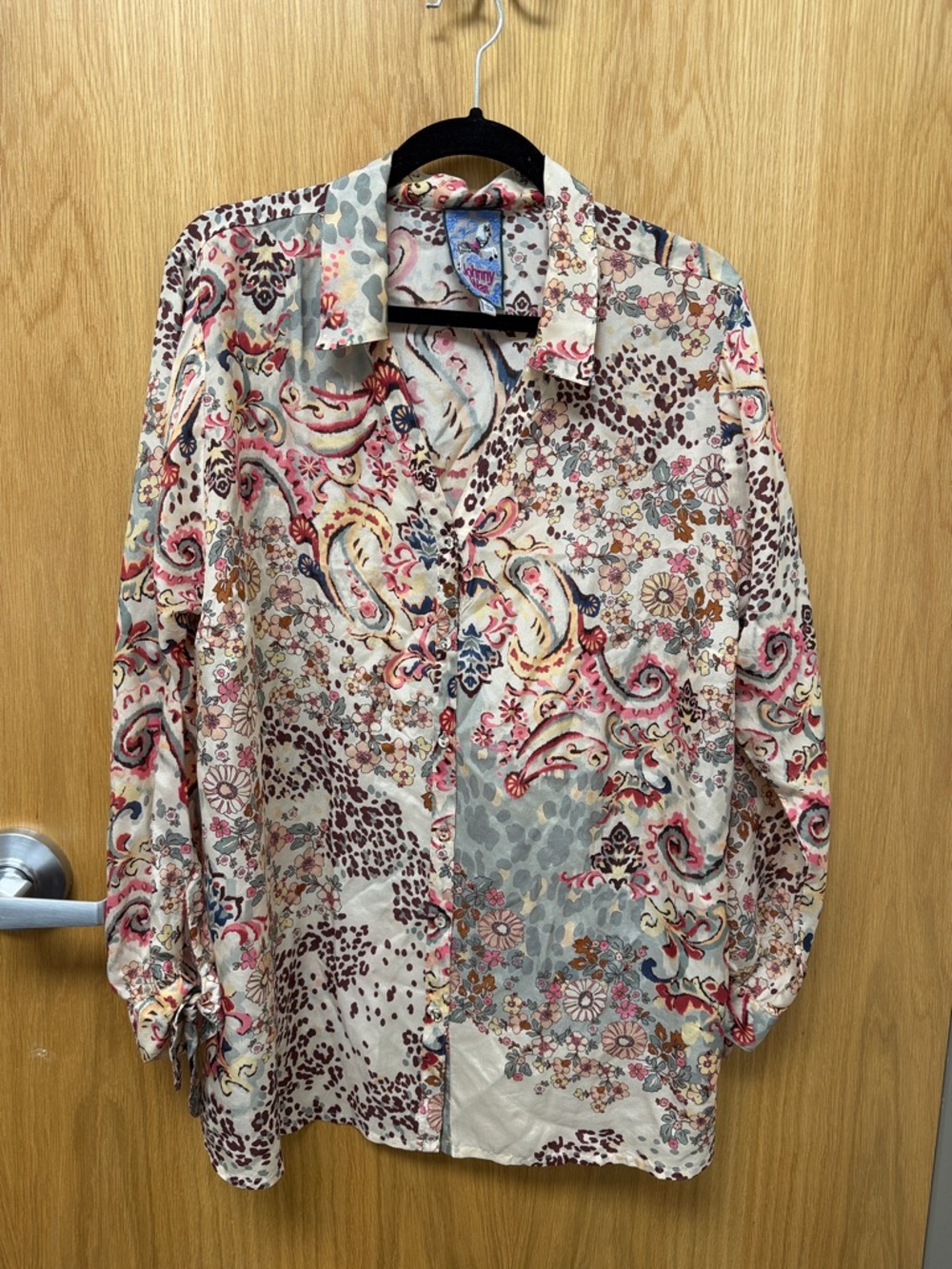 Johnny Was 100% Silk Cream Blouse with Pink and Brown Floral Print